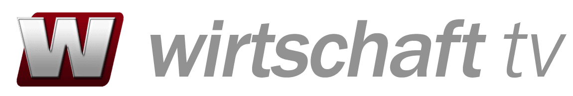 Logo mit großem "W" in Weiß und Rot; daneben grauer Text "wirtschaft tv".