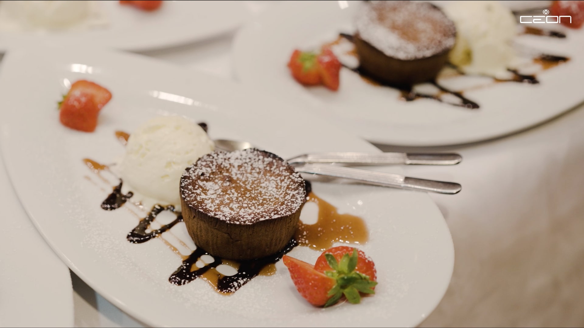 Schokoladenfondant mit Puderzucker, Vanilleeis, Erdbeeren und Saucen auf weißem Teller.